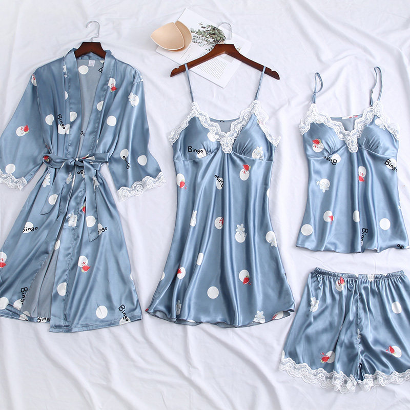 夏四件套冰丝绸春秋季蕾丝性感睡裙 易魅睡衣/家居服套装