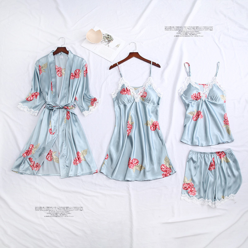 夏四件套冰丝绸春秋季蕾丝性感睡裙 易魅睡衣/家居服套装
