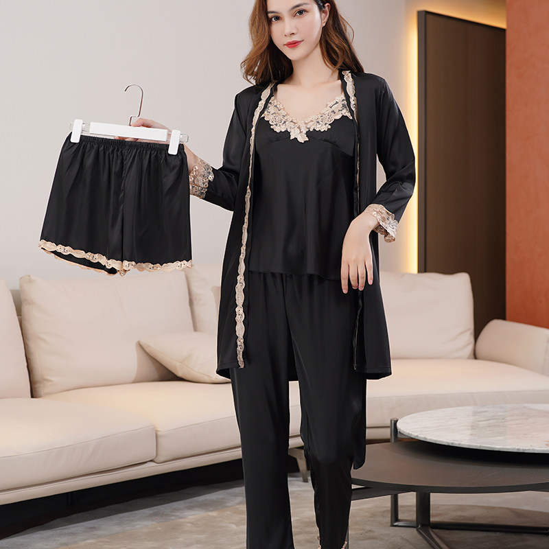 女夏冰丝性感蕾丝吊带五件套带睡裙 易魅睡袍/浴袍