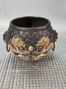 仿古紫铜色收藏鎏金铜双龙聚宝盆铜缸摆件古玩香薰炉工艺