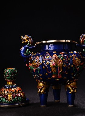 铜镶嵌景泰蓝 珐琅彩工艺福禄寿熏香炉 家居装饰工艺品 古玩