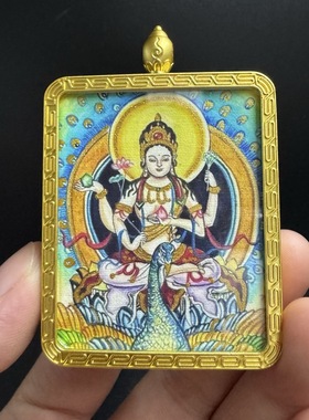 描金藏式唐卡随身吊坠大黑天黄财黑财项坠民族风嘎乌盒挂件吊坠