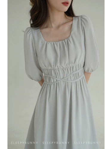 Шифоновое летнее ретро платье, длинная юбка, по фигуре, сезон 2021, квадратный вырез, рукава фонарики, с рукавом