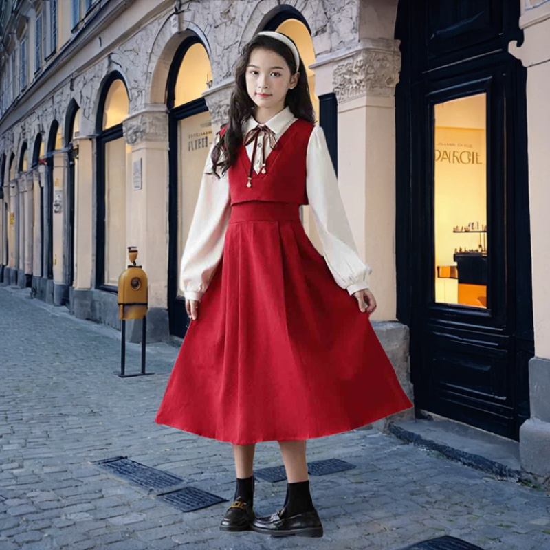 女童超好看连衣裙秋冬季2025新款中大童学院风衬衫领假两件连衣裙 - 图0