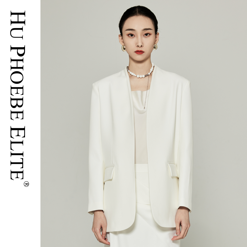 HU PHOEBE ELITE明星同款新中式老钱风西装高级静奢无领白色西装 - 图0