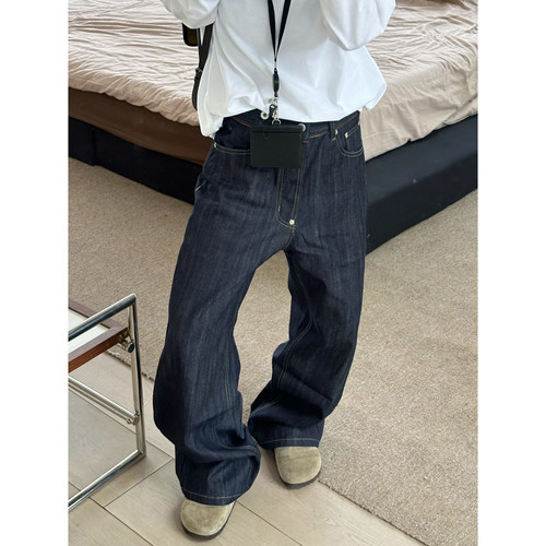XBRO美式复古丹宁牛仔裤男女宽松竹节纹设计感小众显瘦原色长裤潮 - 图3