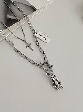 日韩新品网红ins朋克风小兔嘻哈双层项链时尚百搭毛衣链学生颈链