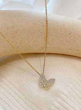 钛钢满钻蝴蝶项链女2021新品韩版轻奢小众设计感ins潮冷淡风吊坠