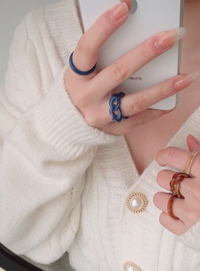 两件套链条树脂琥珀色森系戒子