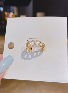 铜镶锆石真金电镀戒指女ins潮轻奢冷淡风食指网红小众设计复古女