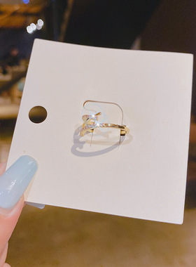 铜镶锆石韩国冷淡风交叉戒指女时尚个性ins潮日系轻奢食指指环女