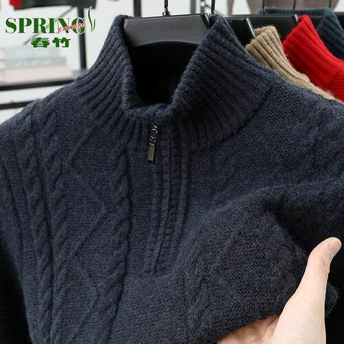 上海春竹冬季特厚山羊绒衫男新款半高拉链领中年休闲高档针织毛衣 - 图0