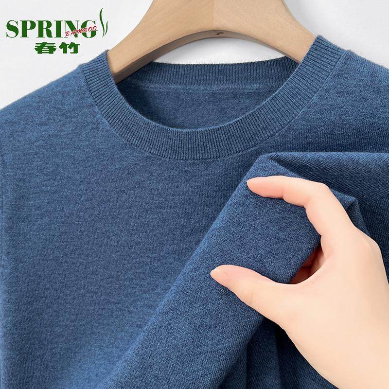 上海春竹100%山羊绒衫男2025春秋薄款圆领毛衣中年休闲针织打底衫 - 图1
