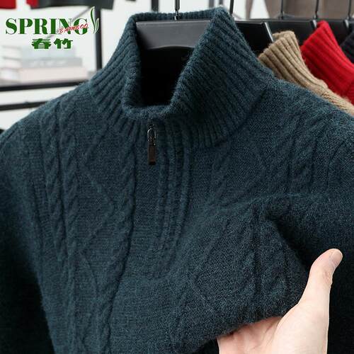 上海春竹冬季特厚山羊绒衫男新款半高拉链领中年休闲高档针织毛衣 - 图1