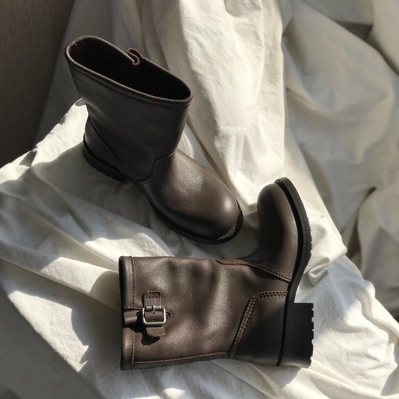 水染半植鞣牛皮复古皮带扣骑士靴女真皮中筒靴圆头低跟短靴工装靴,淘宝优惠券,粉丝福利购,淘宝优惠卷