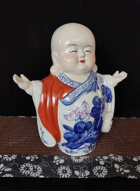 中式小沙弥摆件禅意小和尚青花陶瓷平安佛家居客厅酒柜茶室装饰品
