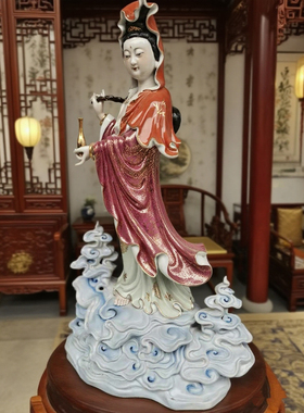 佛像景德镇雕塑手工描金观音菩萨站云自在观音摆件家用供奉庙宇70