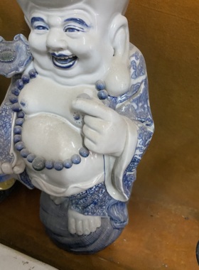 曾山东底款雕塑陶瓷手工绘画青花大头罗汉佛像景德镇厂货佛像收藏