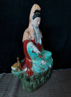景德镇雕塑陶瓷坐自在观音佛像摆件南海观音菩萨神像经书观音43cm