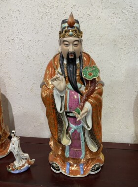 景德镇陶瓷雕福禄寿三星高照摆件矾红描金佛像客厅老人过寿送礼品