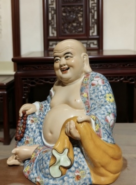 景德镇陶瓷弥勒佛像供奉家居客厅乔迁大肚笑佛弥勒佛菩萨摆件22cm