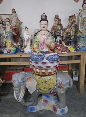 大号文殊普贤菩萨像彩绘景德镇陶瓷佛像居家供奉摆件器高130厘米