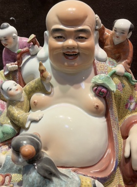 中式陶瓷如意大肚七子弥勒佛像坐笑佛招财家居寿桃布袋罗汉摆件55