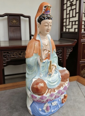 景德镇手工陶瓷观音瓷像坐莲净瓶观音家用观世音菩萨佛像供奉52cm