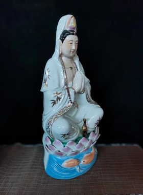 景德镇手绘陶瓷佛像坐莲双手合十观音家用佛堂供奉摆件52cm