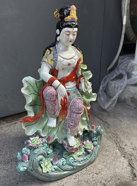 景德镇九莲观音瓷像禅意摆件家用南海菩萨佛像客厅坐莲观世音60cm