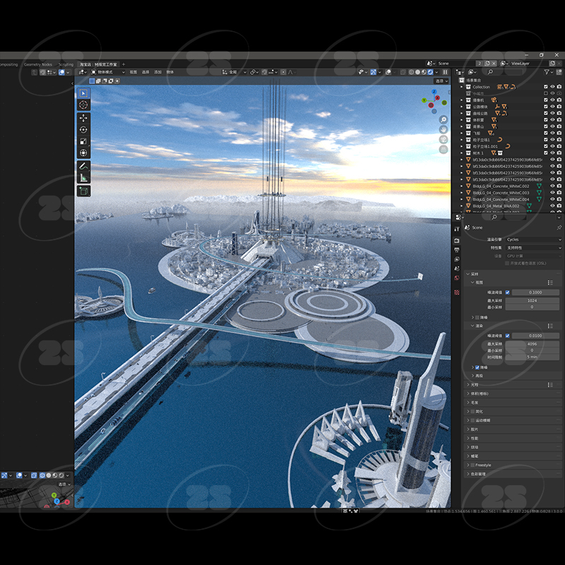 blender未来城市建筑渲染道路城市海岛轨道科技科幻模型建模416-图1