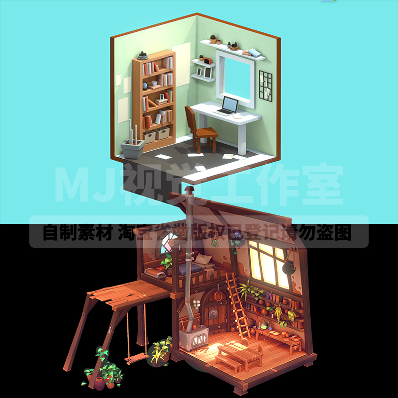 卡通房间卧室书房场景素材3D模型文件下载客厅Q版源文件blender30 - 图0