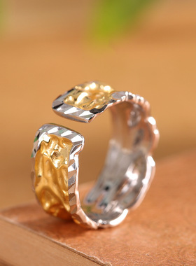 人品银品S925纯银韩版轻奢风捶打纹凹凸宽面开口戒指百搭简约指环