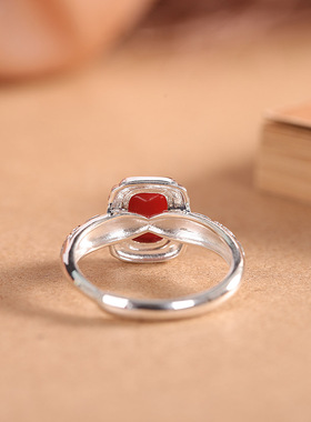 人品银品s925银南红玛瑙戒指小方糖祥云花边开口指环文艺复古手饰