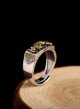 人品银品S925泰银精工貔貅算盘戒指 个性男女通用小众开口指环