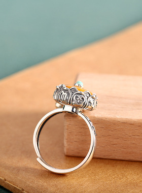 S925银做旧蜜蜡八瓣莲花女士戒指