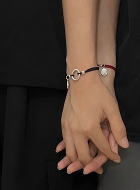 足银999国风中式情侣平安扣红绳编织手链女黑绳纯银吊坠喜乐手绳