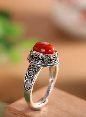 人品银品S925纯银镶嵌南红玛瑙蛋面戒指复古尼泊尔百搭开口指环