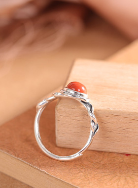 人品银品 S925银复古新中式国风镶嵌南红玛瑙戒指民族风个性指环