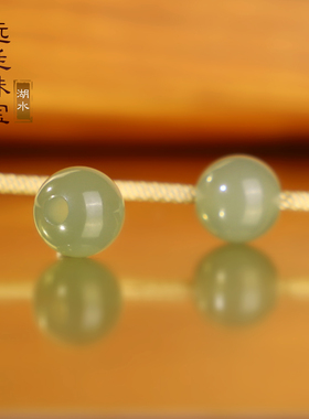 收藏级湖水绿和田玉大孔珠散珠 精修孔道 冰底玉珠单珠配珠圆珠