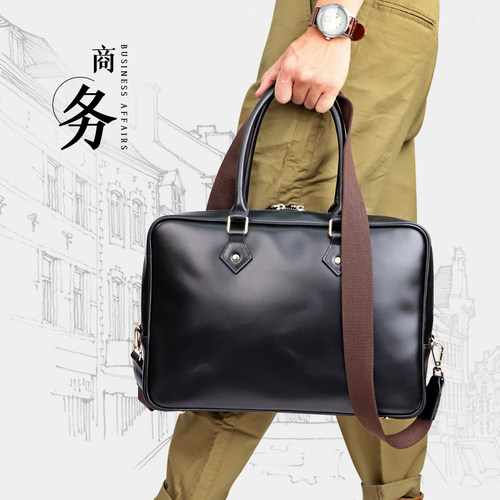 手工真皮男士手提包手拿包头层牛皮商务电脑公文包大容量斜跨包潮 - 图1
