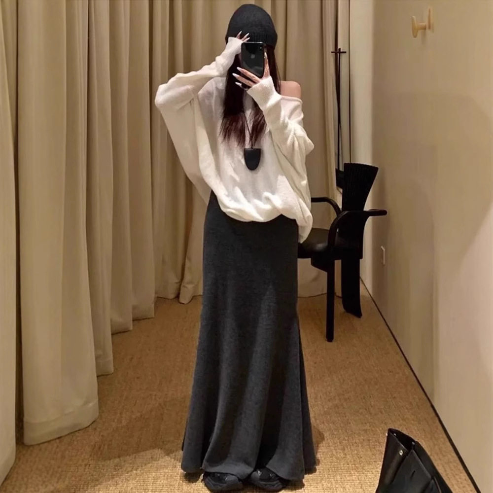 针织鱼尾裙女秋冬2025新款显瘦温柔气质感加长白色包臀半身裙 - 图0