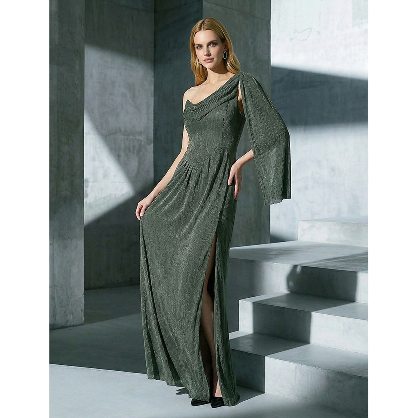 时尚深绿色单肩无袖晚礼服连衣裙女修身长裙宴会小众设计感晚装裙,淘宝优惠券,粉丝福利购,淘宝优惠卷