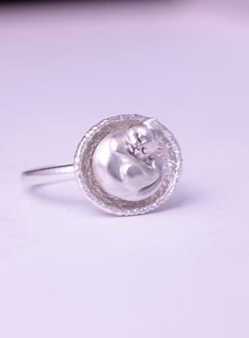 925纯银开口可调节动物猫咪戒指