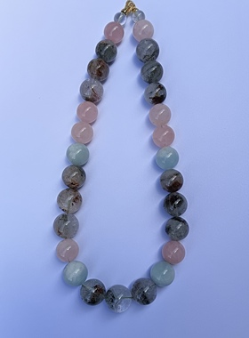 天然超大颗粒17mm绿幽灵海蓝宝粉晶天然石项链锁骨链设计感小众