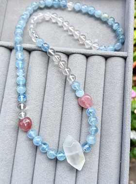 双鱼座天然7mm海蓝宝樱花雨粉晶项链女款轻奢小众设计感项链