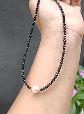 天然水晶3mm黑尖晶8mm淡水珍珠项链