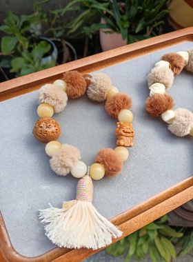 天然橄榄核蜜罐吞金兽毛球手链女款单圈手串礼物送女友闺蜜礼物