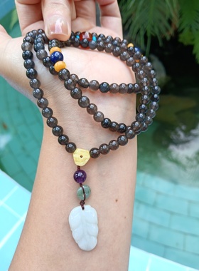 天然冰种黑曜石翡翠设计款108颗手链毛衣链项链送闺蜜礼物