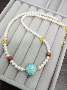 原矿14.5mm湖北绿松石琥珀南红天然淡水珍珠项链